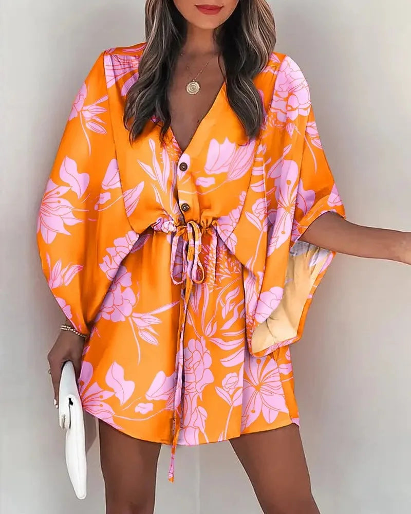 Women’s Floral Summer Dress - V Neck Bat Sleeve Ruffle Boho Dress with Irregular Hem Casual 2024 Style