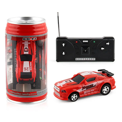 Coke Can Mini RC Car — Battery-Operated Plastic Remote Control Racing Vehicle with Roadblocks, Micro Racing Toy for Kids & Boys