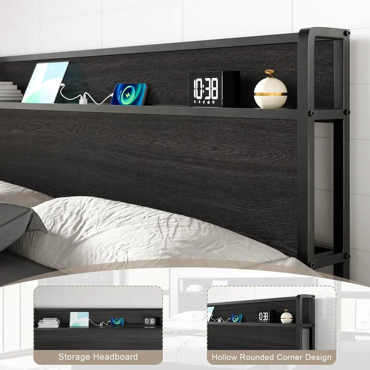 King Lift-Up Storage Bed Frame - Wooden Platform Bed with USB Charging, No Box Spring Required