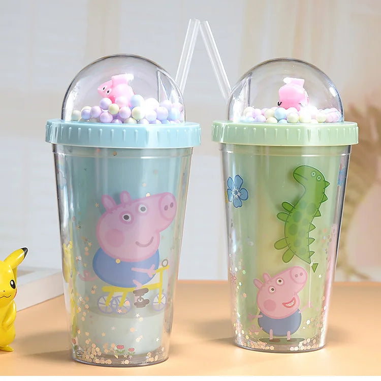 450ML Peppa Pig Plastic Water Bottle – Double-Layer Tumbler with Straw, George Pig Design, Gift for Girls