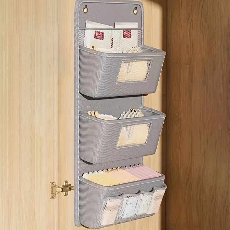 Gray Wall-Mounted Storage Organizer – Multi-Compartment Fabric Hanging Bag with Window & Hooks for Office or Closet