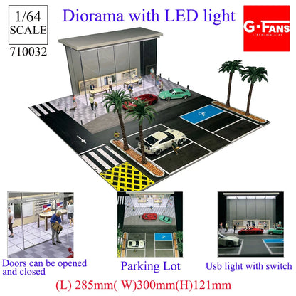 GFans 1:64 Scale Diorama Car Garage Model – LED Lighted Parking Lot DIY City Set for Collection & Display Gifts