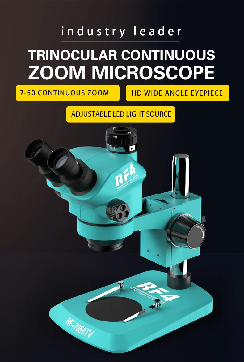 RF4 7-50X Trinocular Continuous Zoom Stereo Microscope – WF10X/22mm Eyepiece, Ideal for Mobile Phone PCB Welding & Repair