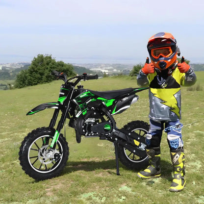 Mini 49CC Gas-Powered Kid Dirt Bike – 2-Stroke Motorcycle with Off-Road Tires, Front & Rear Disc Brakes, 25 MPH, Max Load 330 lbs