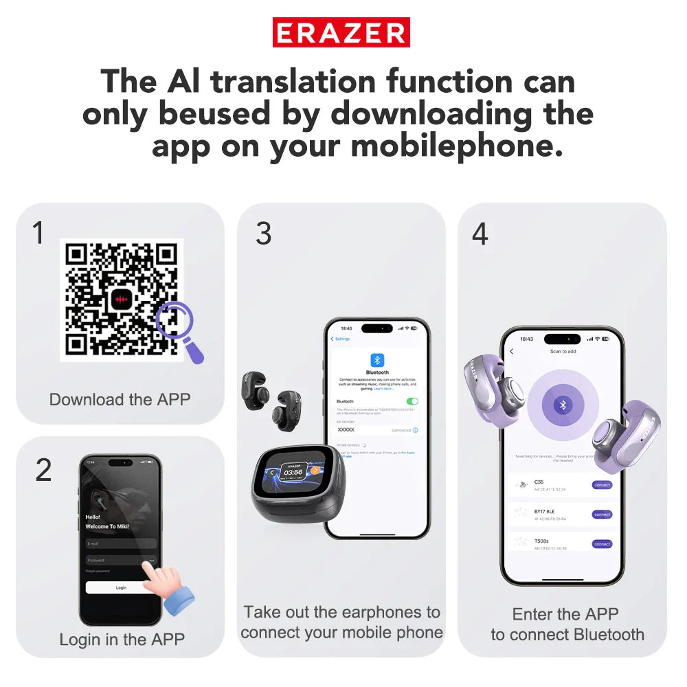 ERAZER XF28 Bluetooth V6.0 Translator Earbuds — True Wireless Open-Ear Earphones for Travel, Office & ASMR with Translation App