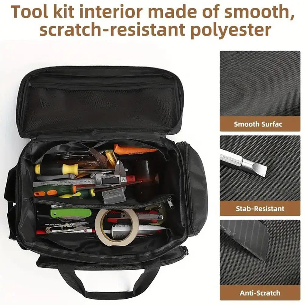 Heavy Duty High Capacity Tool Storage Bag – Water Resistant Organizer Case with Padded Base & Comfortable Handle for Easy Carrying, Black Tool Bag