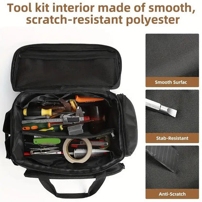Heavy Duty High Capacity Tool Storage Bag – Water Resistant Organizer Case with Padded Base & Comfortable Handle for Easy Carrying, Black Tool Bag
