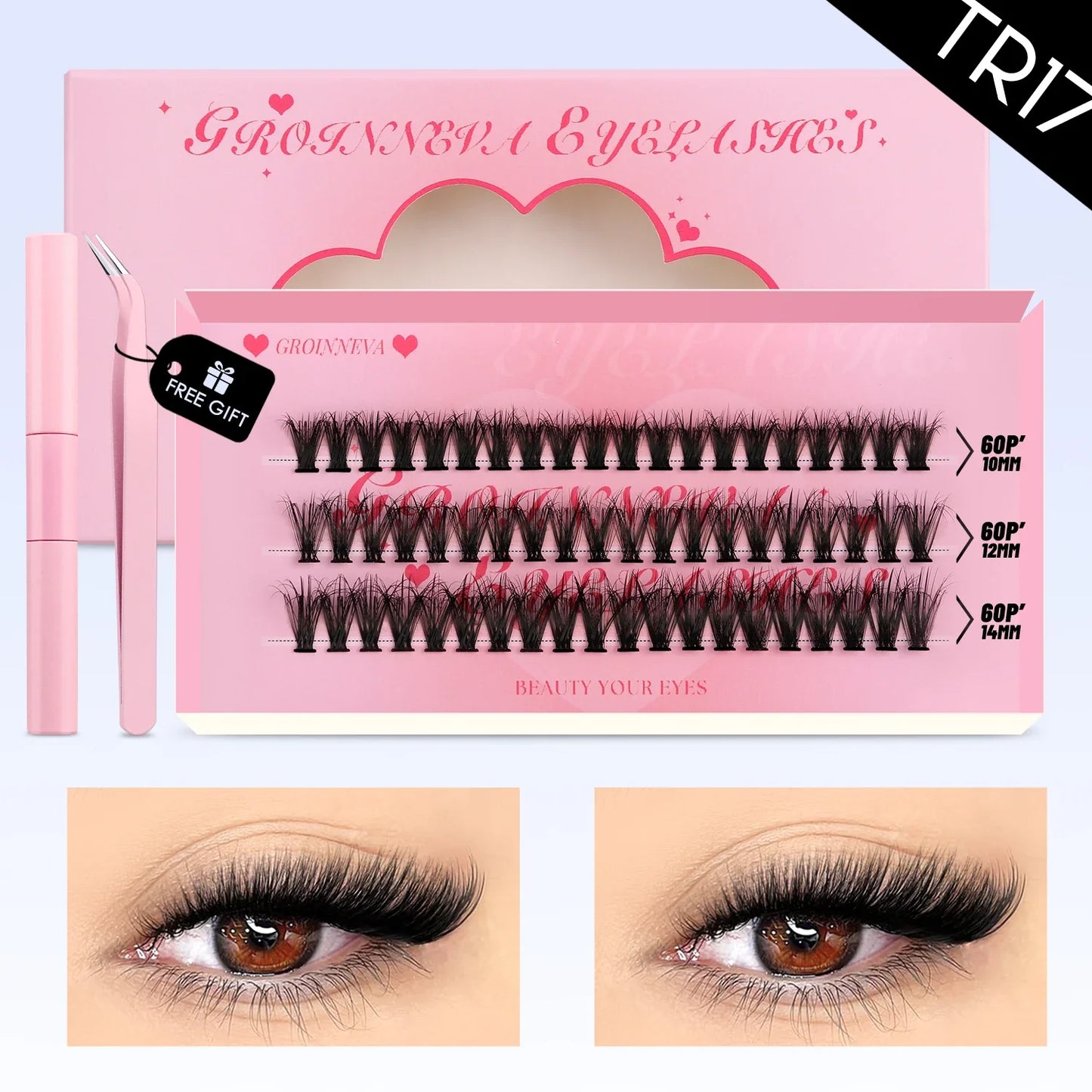 GROINNEYA DIY Mixed Lash Clusters Set – Fluffy Individual Lash Extensions Kit with Bond & Seal for At-Home Makeup