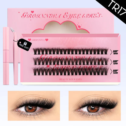 GROINNEYA DIY Mixed Lash Clusters Set – Fluffy Individual Lash Extensions Kit with Bond & Seal for At-Home Makeup
