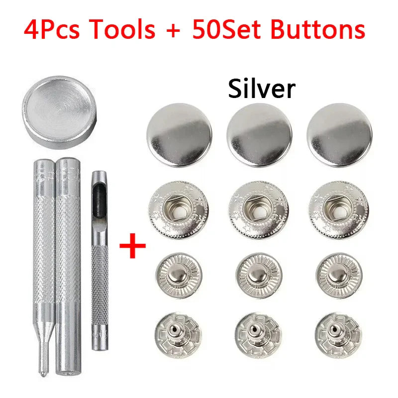 50 Sets Leather Snap Fasteners Kit – 10mm/12mm/15mm Metal Press Studs with 4 Tools for DIY Clothes & Crafts