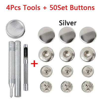 50 Sets Leather Snap Fasteners Kit – 10mm/12mm/15mm Metal Press Studs with 4 Tools for DIY Clothes & Crafts