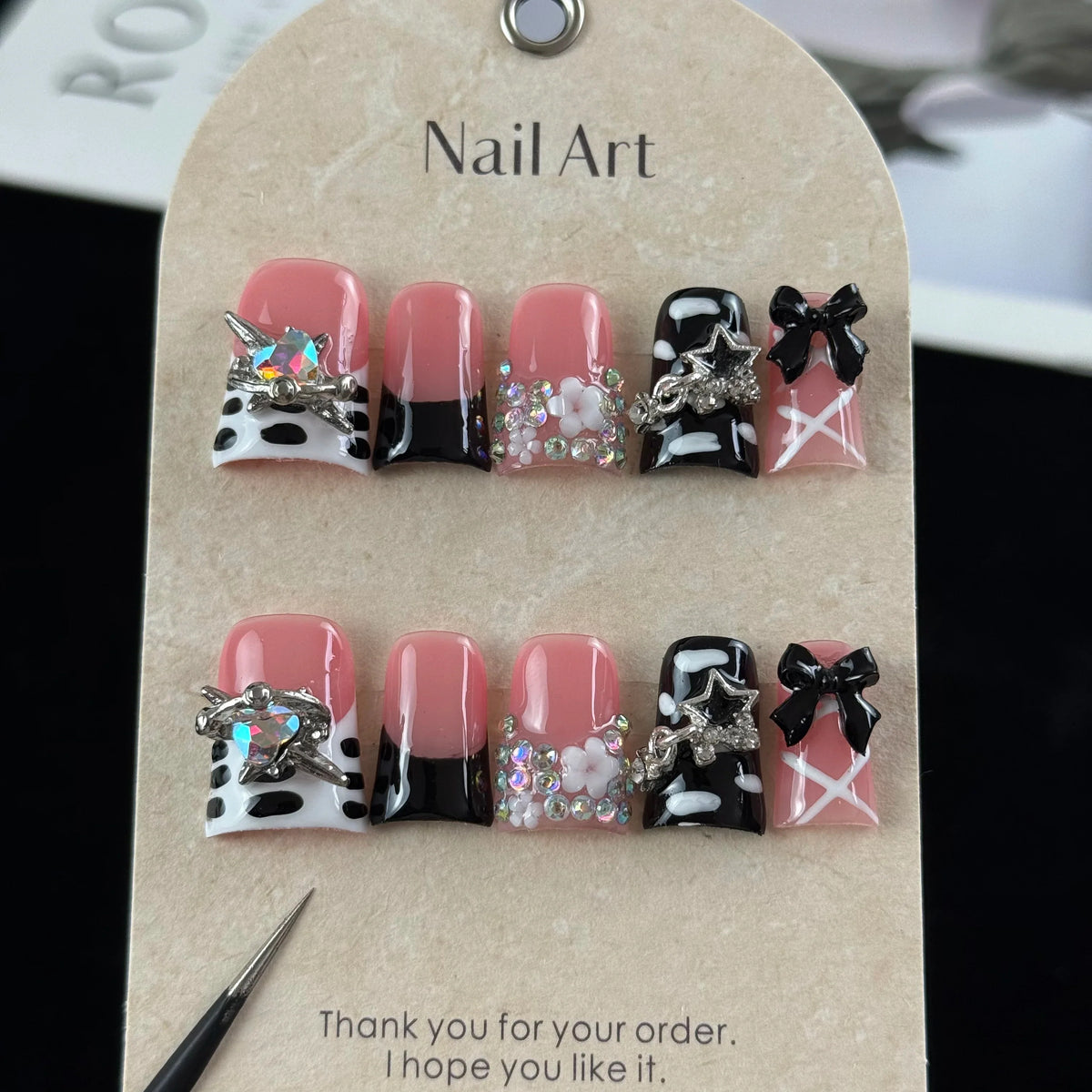 10-Piece 3D Bow & Glitter Press-On Nails - Sweet Girl Handmade Nail Set