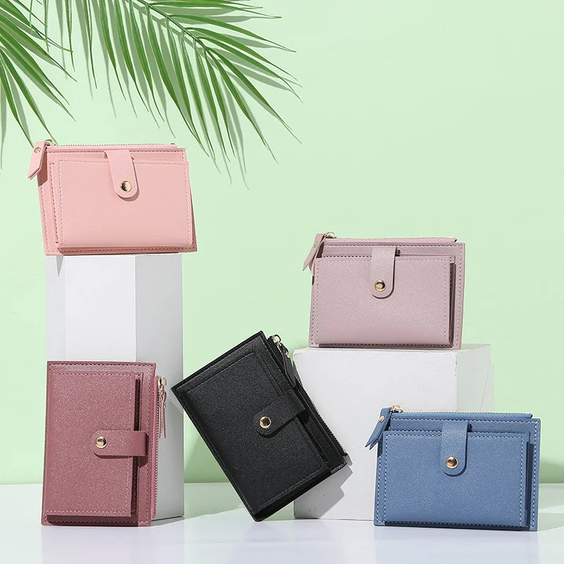 Women’s PU Leather Mini Wallet — Slim Hasp & Zipper Purse, Multi-Card Holder with Coin Pocket, Small Solid Short Wallet