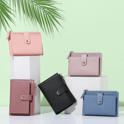 Women’s PU Leather Mini Wallet — Slim Hasp & Zipper Purse, Multi-Card Holder with Coin Pocket, Small Solid Short Wallet