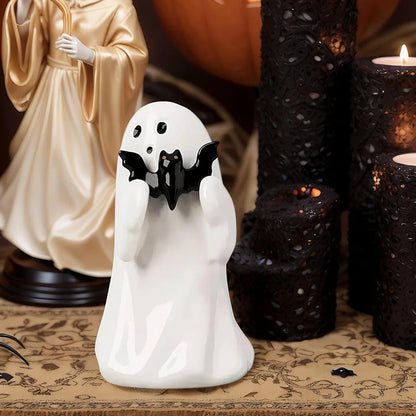 8.5cm White Cute Ghost Figurine — Halloween Desk & Shelf Decor with Black Bat, Kawaii Heart Ghost Mini Statue