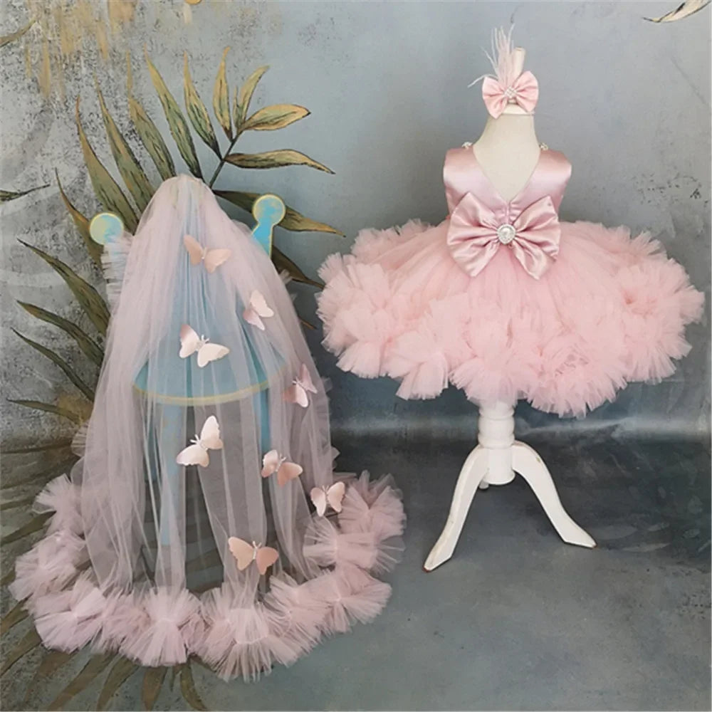 Pink Flower Girl Dress with Train - Puffy Bow Birthday and First Communion Dress