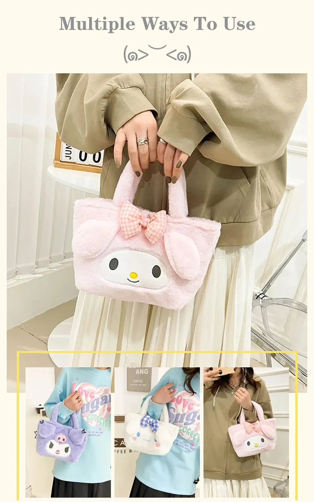 Kawaii Sanrio Kuromi Plush Backpack – Lolita Style Stuffed Animal Doll, My Melody Tote Bag for Women & Girls, Christmas Gift