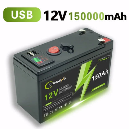 LiFePO4 12V 150Ah Rechargeable Lithium Battery – Built-in BMS, Ideal for Ride-On Toys, Solar Panels, Fish Finders & Power Wheels