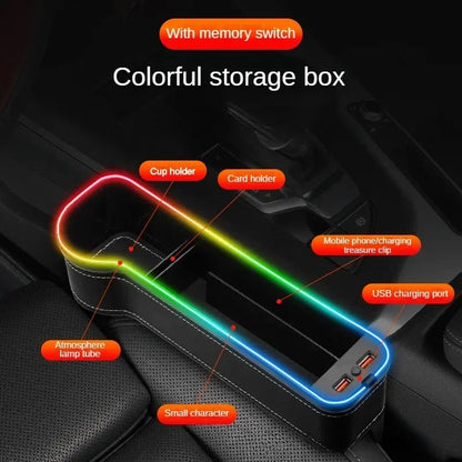 Car Seat Gap Organizer with 2 USB Chargers, LED Colorful Light, Pocket for Cards, Phone, Bottle & Cup Holder