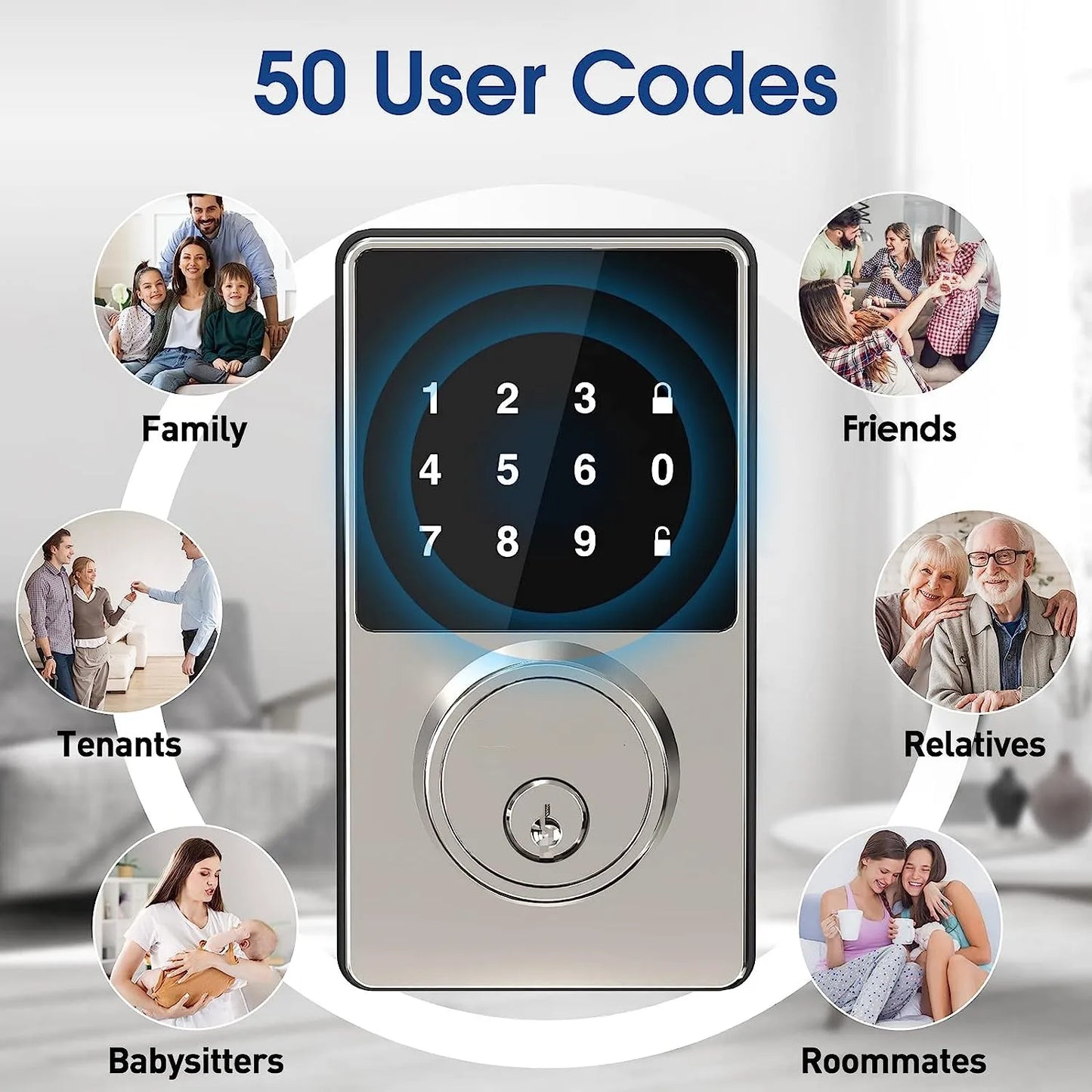 Smart Keyless Door Lock with Touchscreen Keypad – Password & App Unlock, Easy Install, Supports 50 User Codes