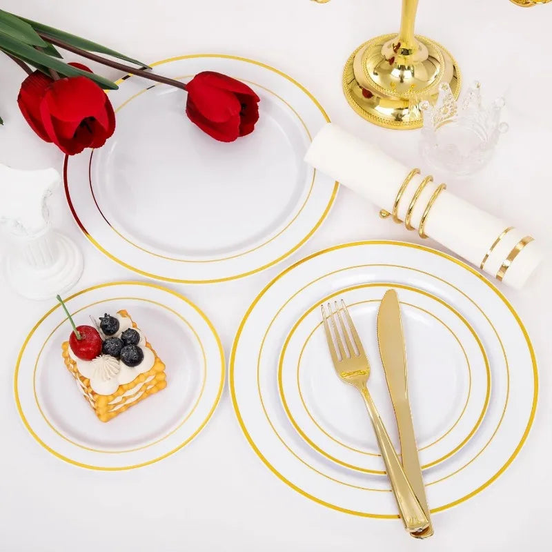 700PCS Gold Plastic Dinnerware Set – White & Gold Plates with 100 Napkins, Serves 100 Guests, Disposable Wedding Party Set