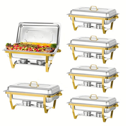 6-Pack 9QT Golden Stainless Steel Chafing Dishes – Buffet Warmer Set for Catering, Parties & Weddings
