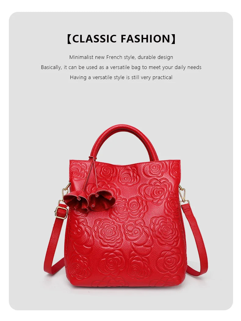 Classic Embossed Women’s Leather Bag — Large Capacity Top Cowhide Crossbody Purse