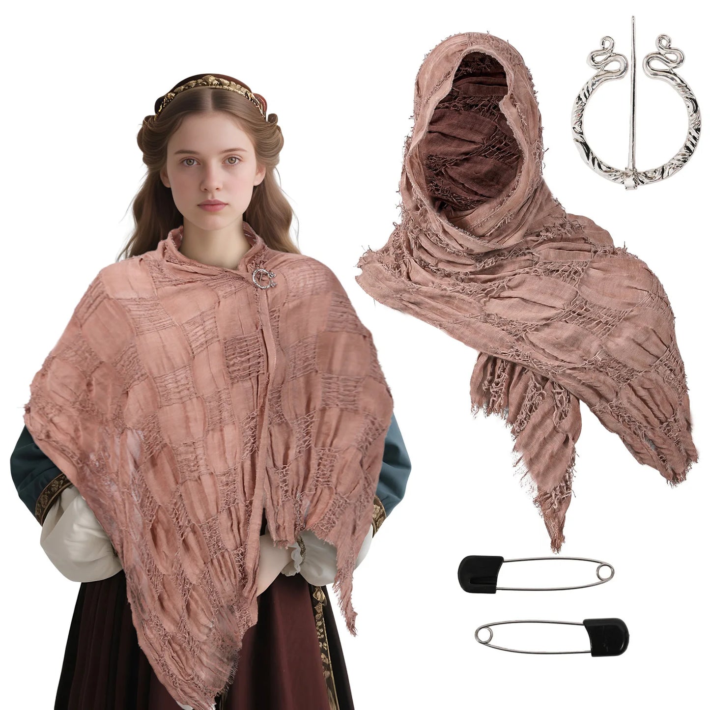 Medieval Pirate Hood Scarf – Retro Black, Brown & Green Cloak Wrap for Renaissance, Halloween & Masquerade Costume