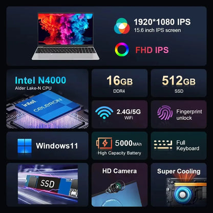 2025 Ultra-Thin Business Notebook — 15.6" Windows 11 Laptop, Intel Celeron N4000, 16GB RAM, 1TB/2TB SSD with Fingerprint