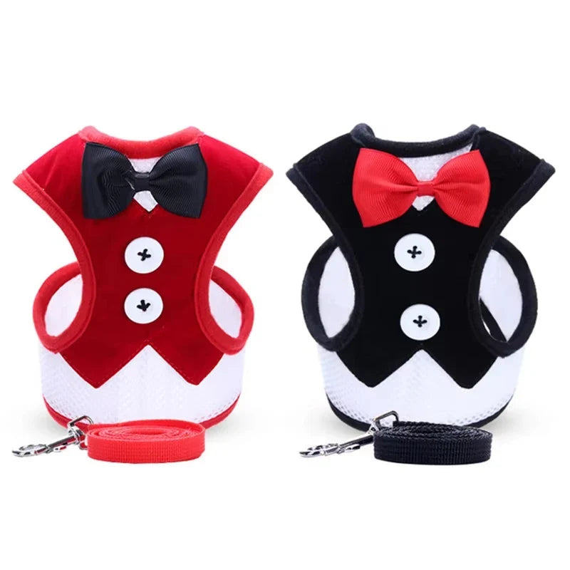 Elegant Bowtie Pet Harness Vest - Adjustable Cat Dog Leash Set Cute Tuxedo Bowknot Suit for Puppy Kitten