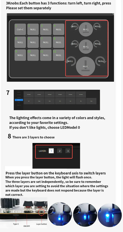 Bluetooth 12-Key RGB Macro Keyboard — 3 Knob Mechanical Hotswap Keypad for Photoshop & Gaming