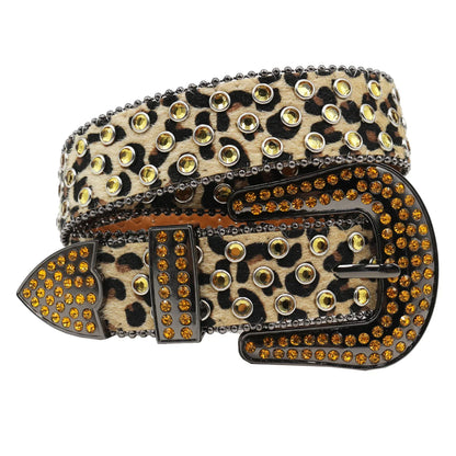 Women’s Rhinestone Skull Leather Belt – Luxury Designer Studded Strap for Jeans, White & Black