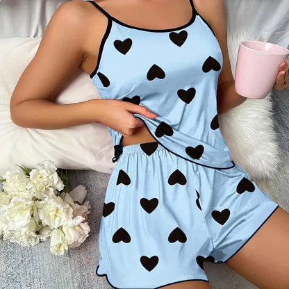 Women’s Summer Pajama Set – Pink Heart Print Ice Silk T-Shirt & Shorts, Comfortable Casual Round Neck Sleepwear