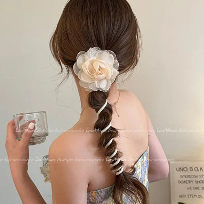 1PC Lovely Beaded Big Flowers Elastic Spiral Hair Rope – Ponytail Hair Ring Rubber Band Headband for Kids
