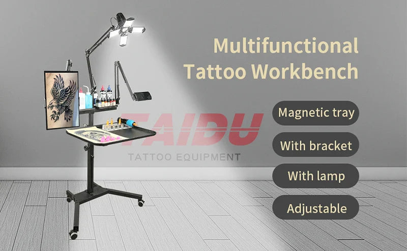 TAIDU Tattoo Workstation – Foldable LED Light 60W with Phone Holder, Tray Table, Nail Lamp & Tattoo Work Cart
