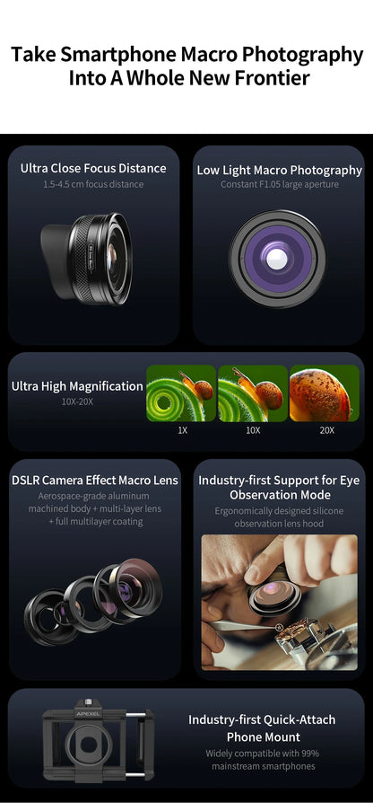 APEXEL 10-20X Zoom HD Macro Lens – Micro Phone Camera Lens for iPhone, Samsung & All Smartphones Eye Macro Photography