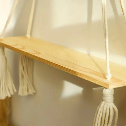 Macrame Hanging Shelf | Boho Wall Decor for Bedroom and Nursery | Rustic Wood Floating Shelves for Living Room and Bathroom | 1 PC