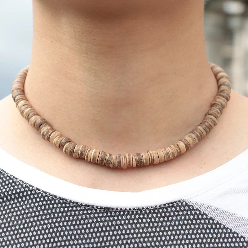 Natural Coconut Husk Necklace for Men – Handmade 18-Inch Short Choker, Gift for Him