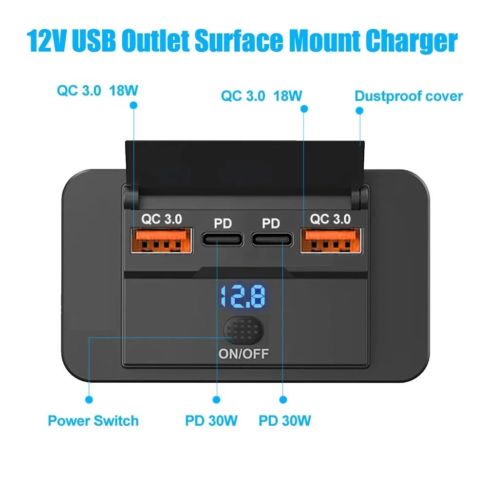 Car Charger Socket Adapter with Switch | 4-Port Charging Splitter for Bus, RV, ATV, Truck, Boat | 12V/24V PD, QC3.0