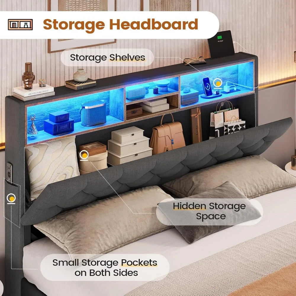 Queen Bed Frame with Headboard & 4 Drawers – LED Upholstered and Metal Bed with Charging Station, Twin & Queen Sizes