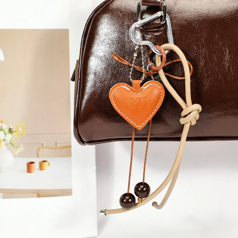 Y2K Leather Rope Keychain with Cherry Bow – Cute 3D Heart Bag Pendant Cartoon Keyring & Anti-Lost Phone Lanyard