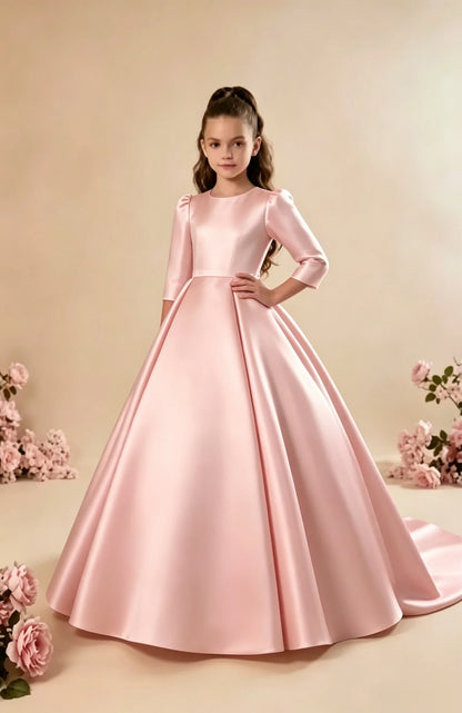 Girls First Communion Satin Dress - Long Sleeve A-Line Princess Gown for Weddings & Parties