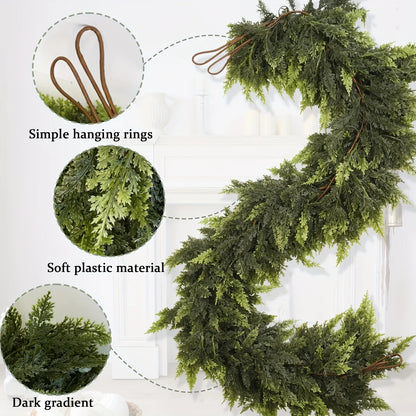 Artificial Dense Christmas Vine Wreath – Fake Norfolk Cedar Rattan Garland for Fireplace, Table, Porch Xmas Decoration