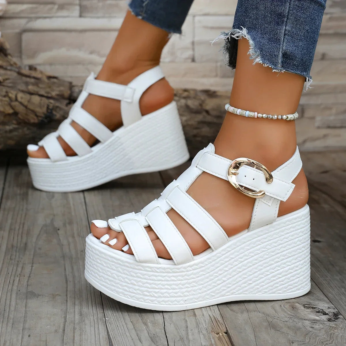 Women’s Summer Ankle Buckle Wedge Sandals – Patchwork Platform Breathable Non-Slip Soft Sole Gladiator Shoes
