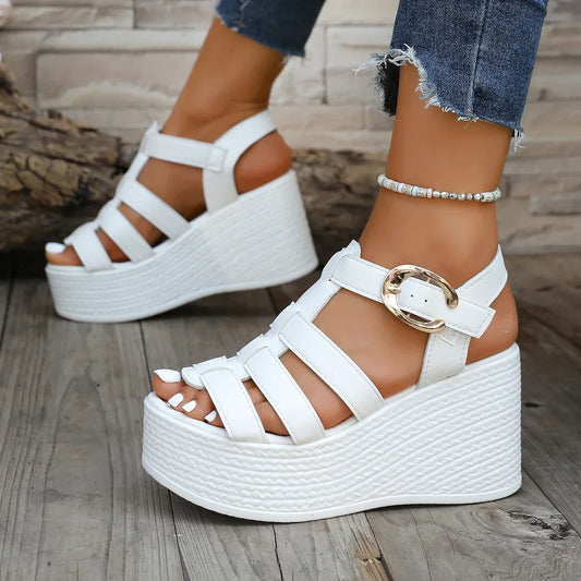 Women’s Summer Ankle Buckle Wedge Sandals – Patchwork Platform Breathable Non-Slip Soft Sole Gladiator Shoes