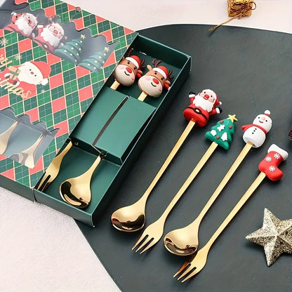 2/4/6 Pcs Christmas Fork and Spoon Set – Stainless Steel Creative Tableware | Coffee, Tea, and Dessert Forks and Spoons Gift Set