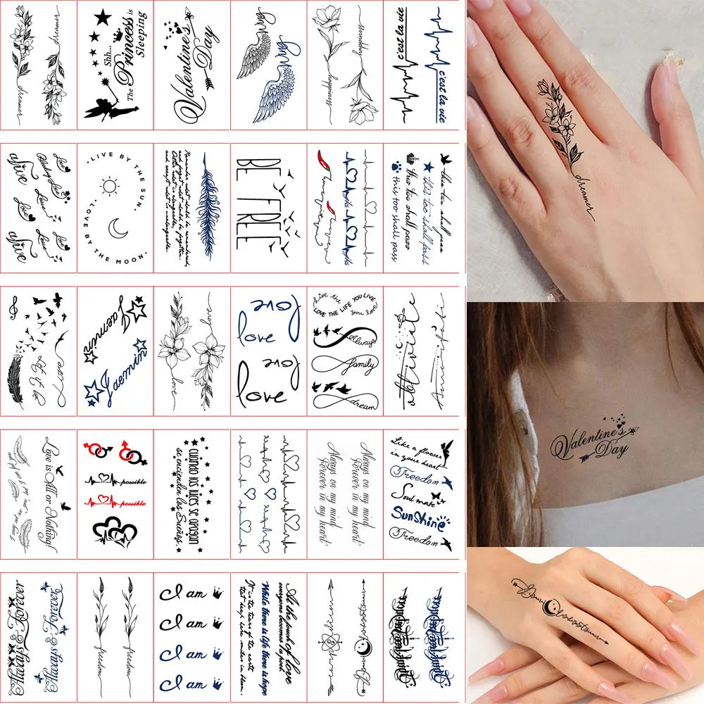 30pcs Black Temporary Tattoo Stickers - Flower Butterfly Rose Moon Star Mandala Designs for Hand, Chest & Body Art