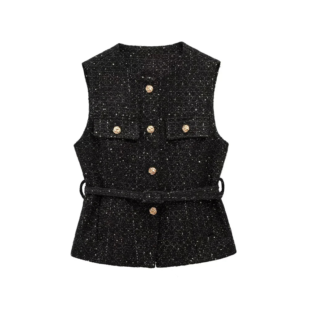 TRZA Women’s Tweed Waistcoat — Sleeveless O-Neck Top with Belt & Front Buttons, Chic Fashion Outerwear