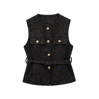 TRZA Women’s Tweed Waistcoat — Sleeveless O-Neck Top with Belt & Front Buttons, Chic Fashion Outerwear