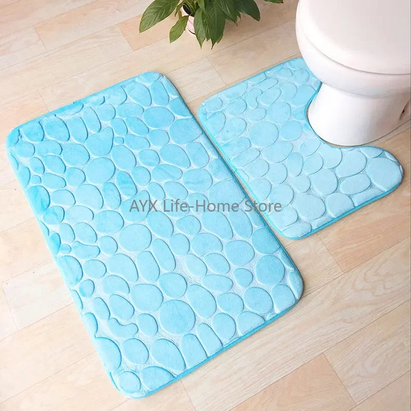 2PC Set Funnel Cobblestone Anti-Slip Bathroom Mat - Toilet Rug, New Bath Mat Set